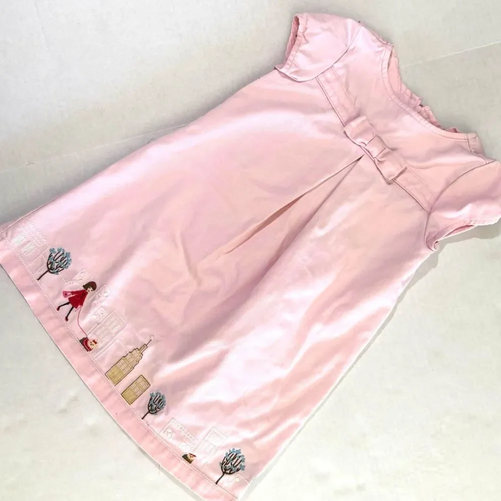 Girls Pink A-line Short Sleeve Cityscape Embroidered Dress, 4, Y2K New York